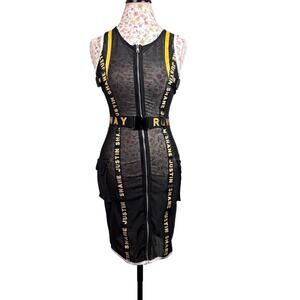Justin Shane Black Mesh Zip Dress Medium RUNWAY Belted Bodycon Club Streetwear